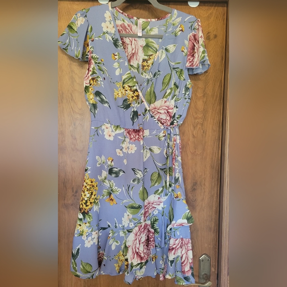 Floral Wrap Dress in Blue and Pink